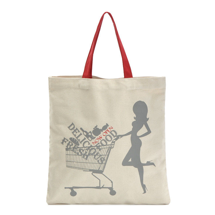 Red Handle Beige Shopping 8oz Cotton Tote Bags